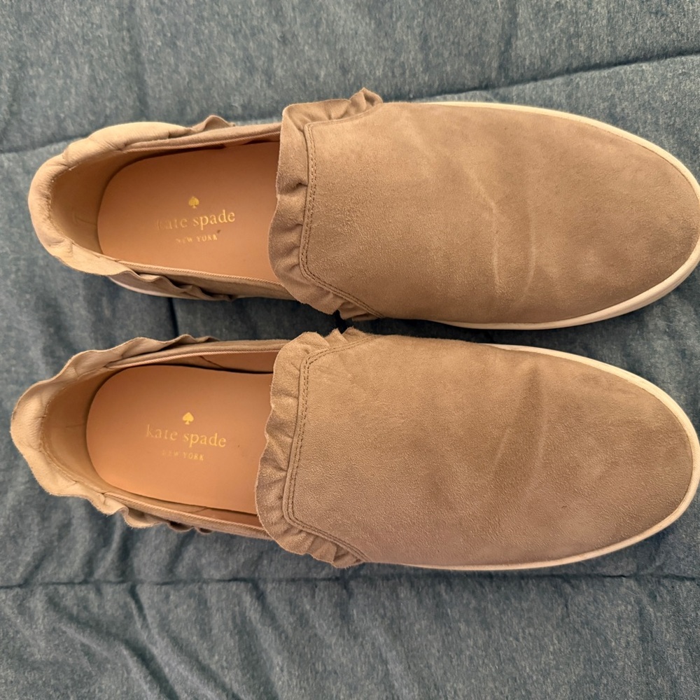Kate Spade Lilly Beige Suede Flats with Ruffle Trim